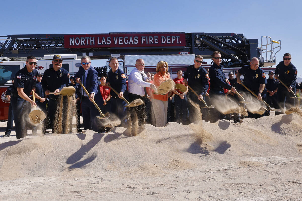 North Las Vegas Mayor Pamela Goynes-Brown, center, North Las Vegas Fire Chief Joseph Calhounm f ...