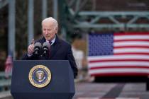 FILE - President Joe Biden speaks during a visit to the NH 175 bridge over the Pemigewasset Riv ...
