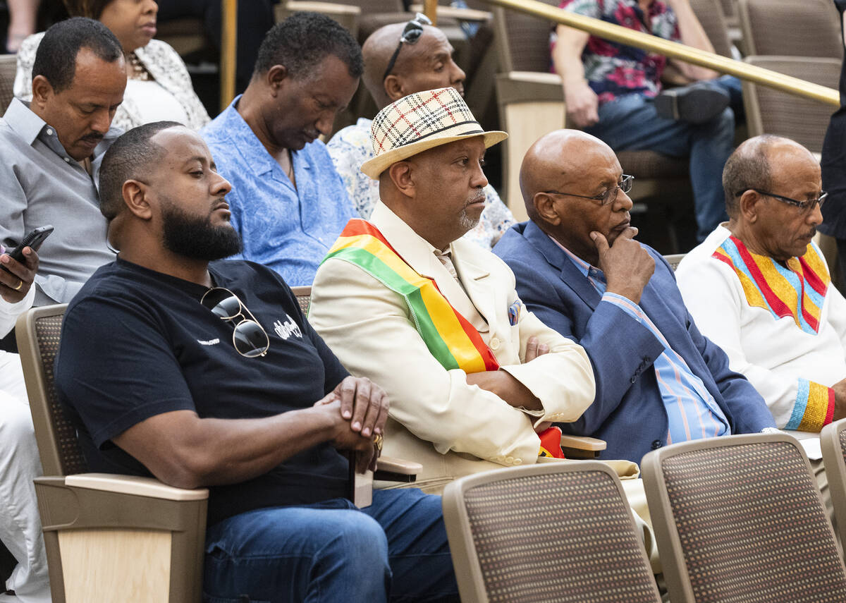 Members of the Ethiopian community watch as lawmakers vote in the Clark County Commission chamb ...