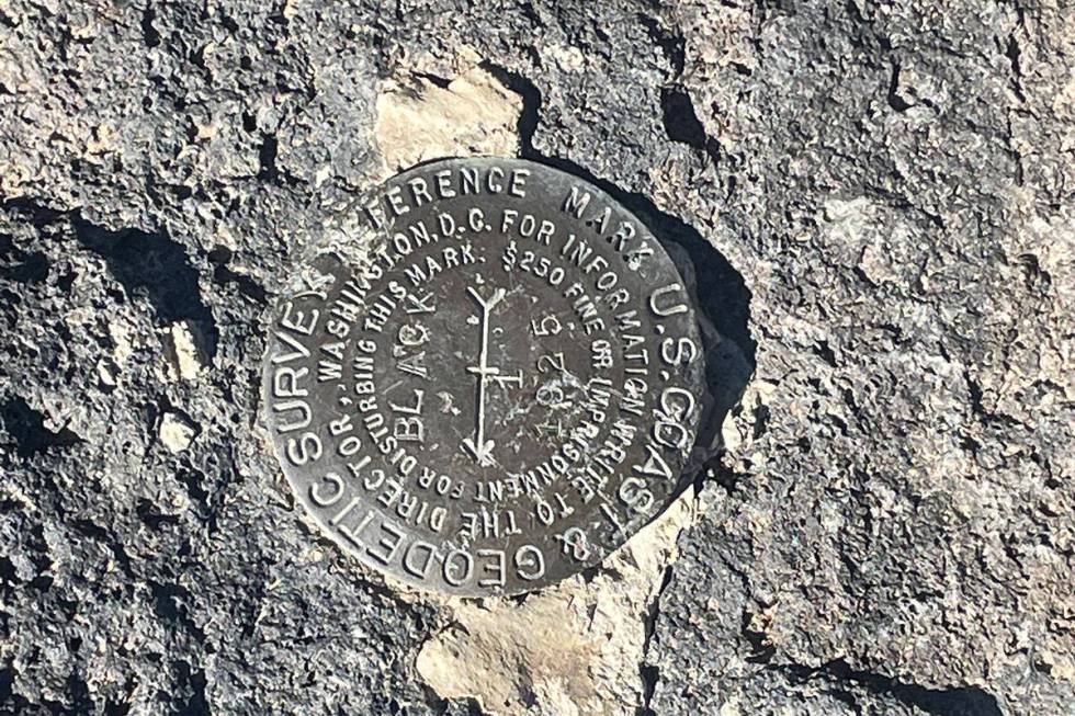 A marker from the U.S. Geodetic Survey on top of Black Mountain on Friday, Feb. 10, 2023. (Tayl ...