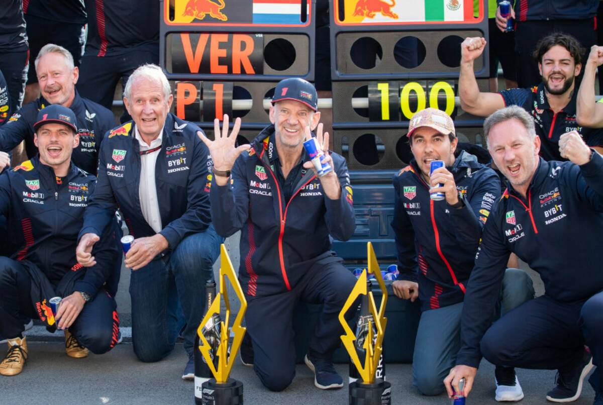 Team Red Bull, including drivers Max Verstappen, front left, of the Netherlands; Sergio Perez, ...