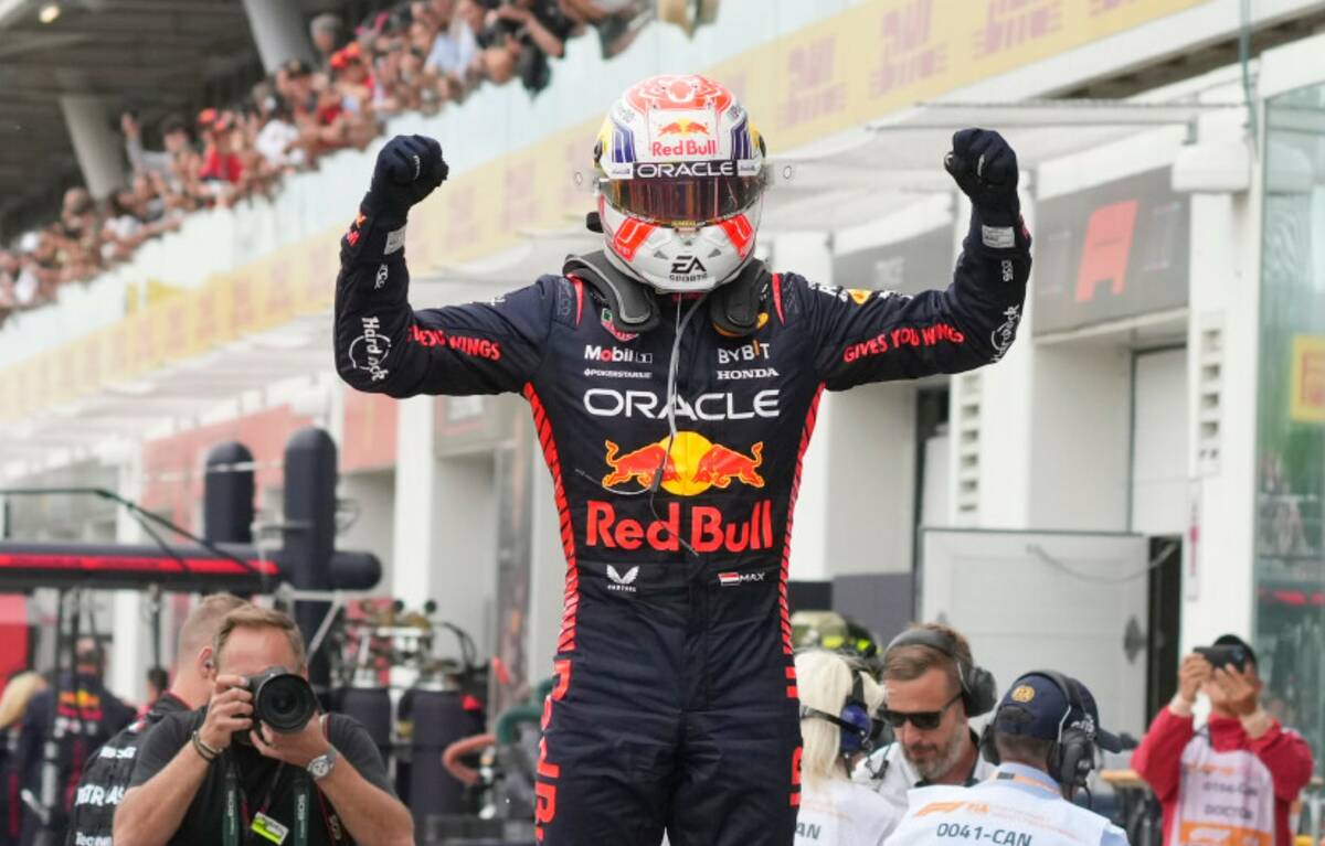 Max Verstappen celebrates his win during the Canadian Grand Prix auto race, Sunday, July 18, 20 ...