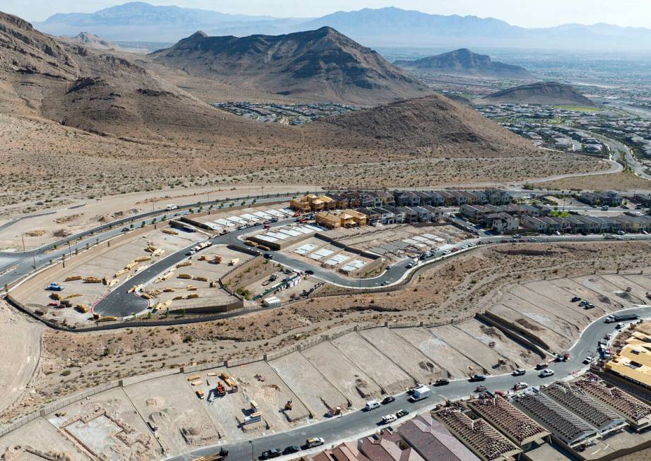 Aerial view of housing construction sites at Crested Canyon community in Summerlin on Thursday, ...