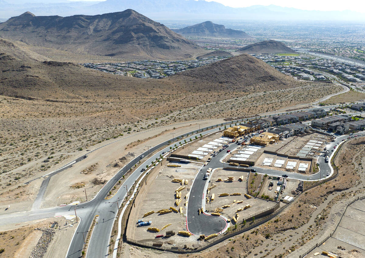 Aerial view of housing construction sites at Crested Canyon community in Summerlin on Thursday, ...