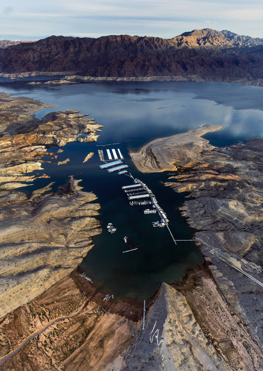 The Callville Bay Resort & Marina with the receding Lake Mead shoreline on Monday, March. 6 ...