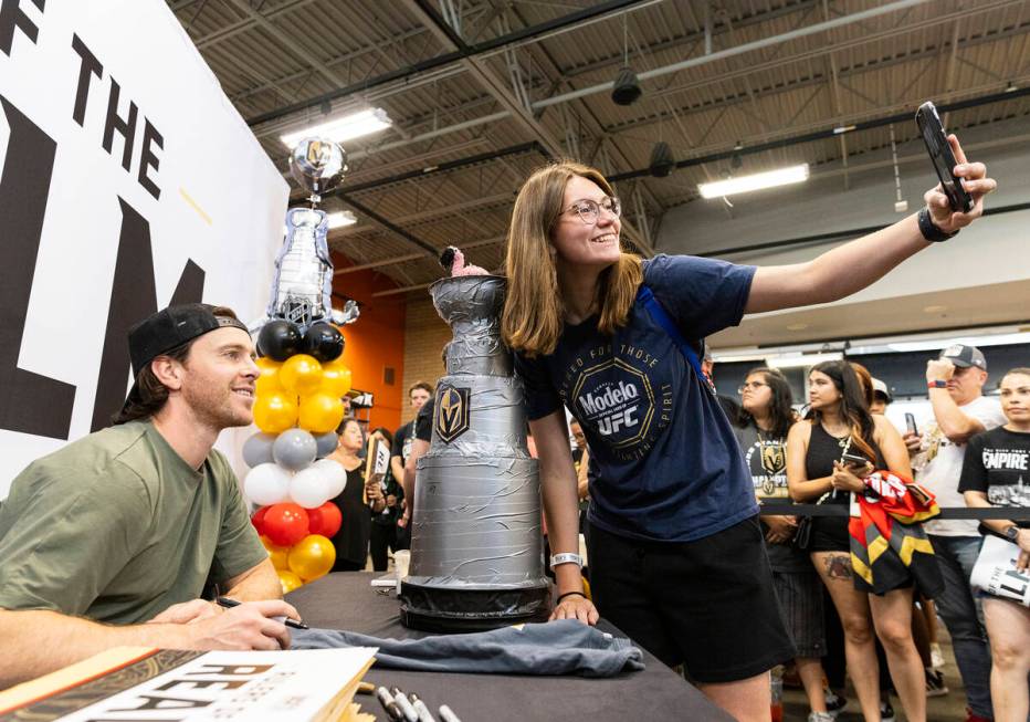 Golden Knights right wing and Conn Smythe Trophy winner Jonathan Marchessault poses for a photo ...