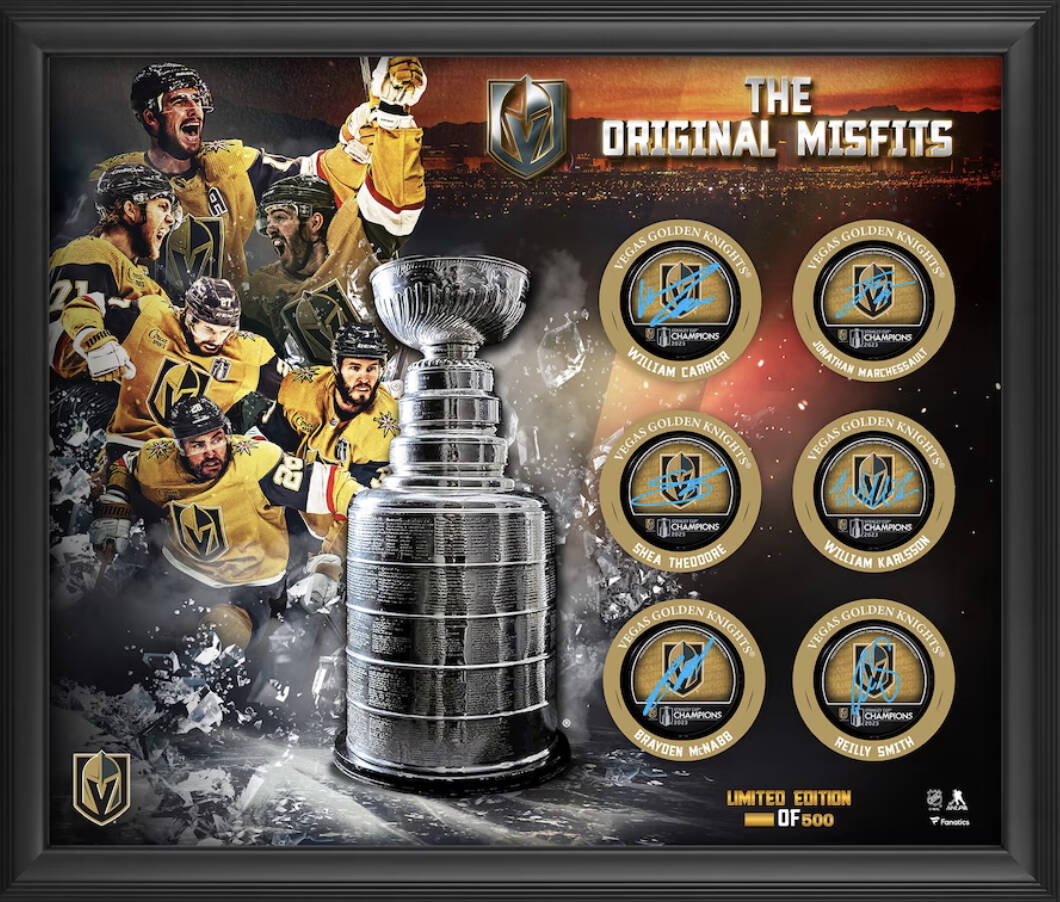 A shadowbox containing pucks signed by the six remaining Misfits is selling for $549.99. (Fanat ...