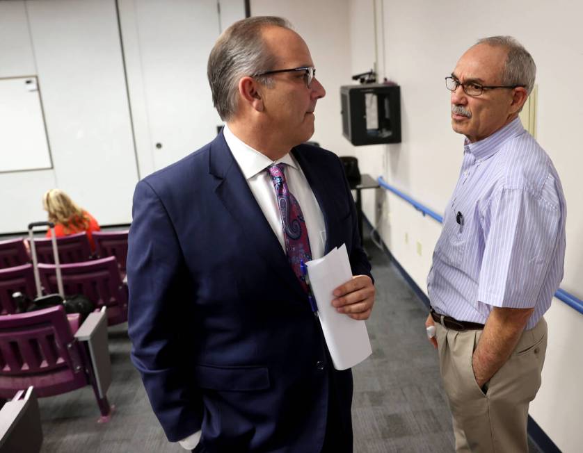 CCSD Superintendent Jesus Jara, left, speaks with John Vellardita, executive director of the Cl ...