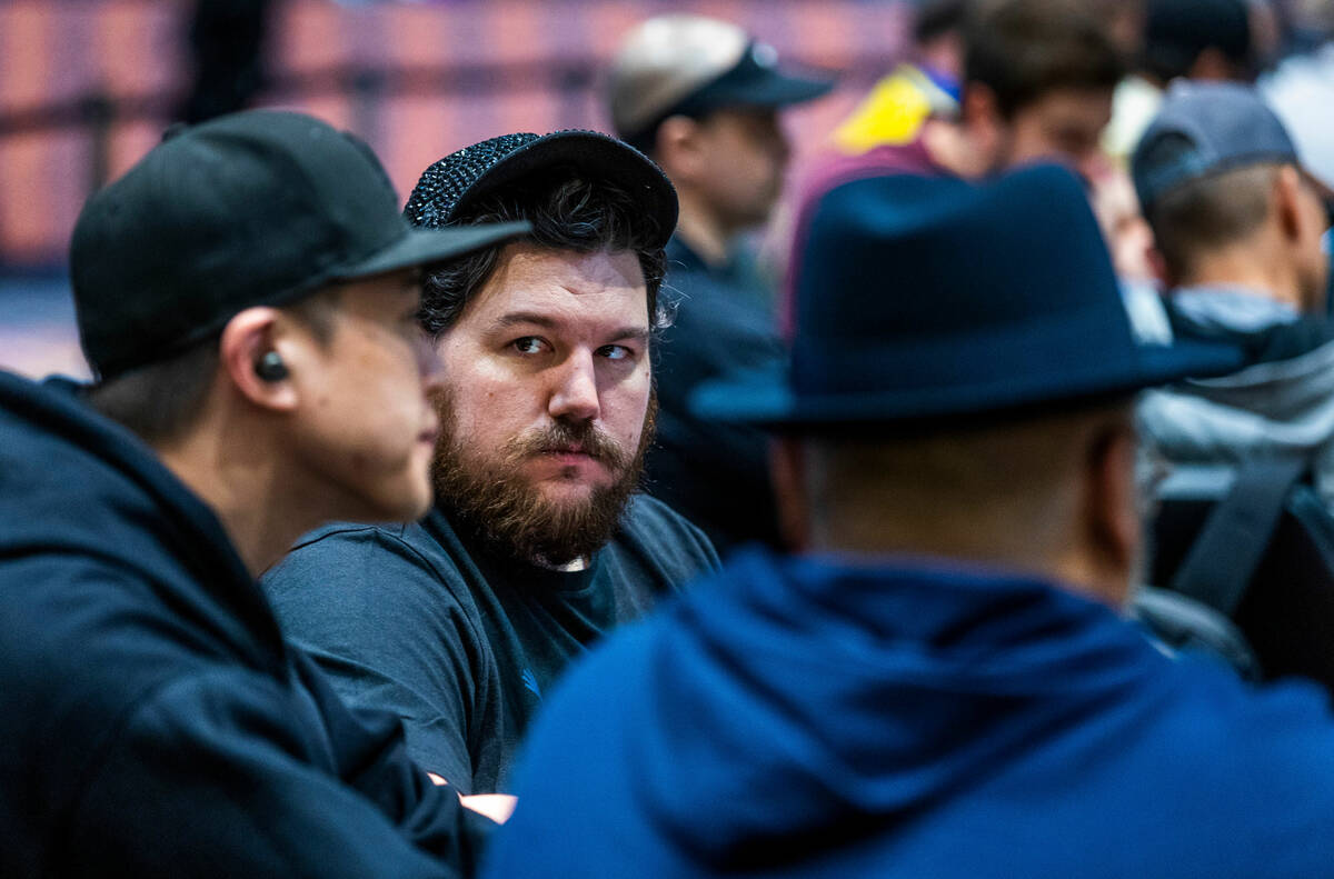 Poker player Shaun Deeb looks to an opponent at his table during the WSOP in the Paris on Frida ...