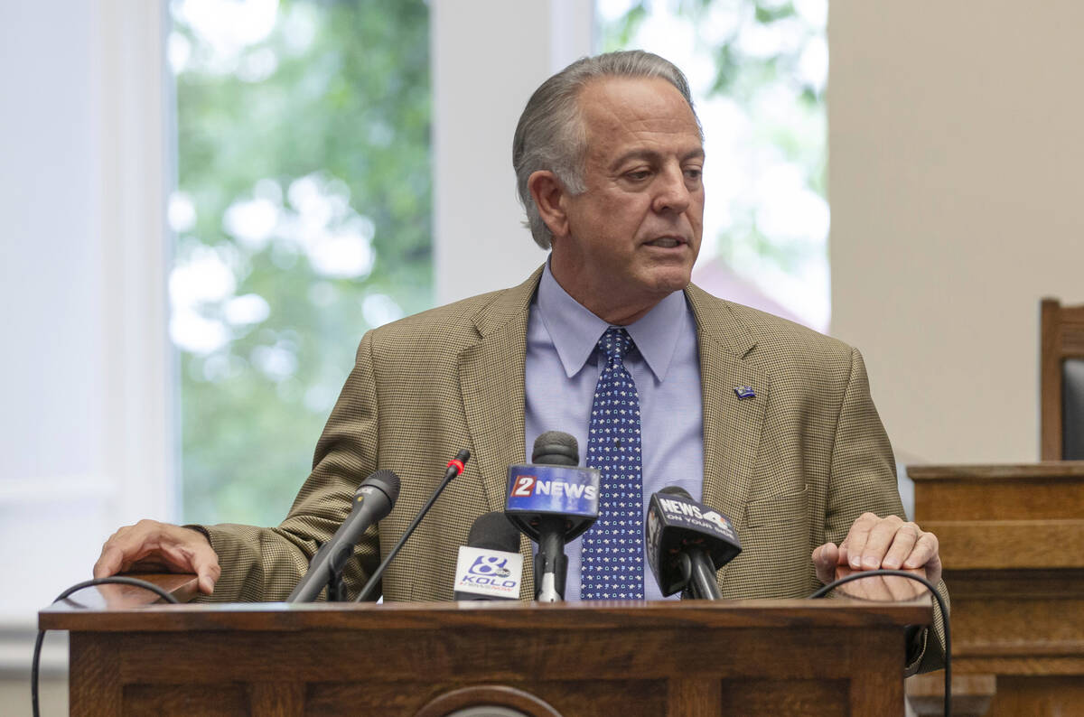 FILE - Nevada Gov. Joe Lombardo speaks at the old Assembly Chambers in Carson City, Nev., May 3 ...