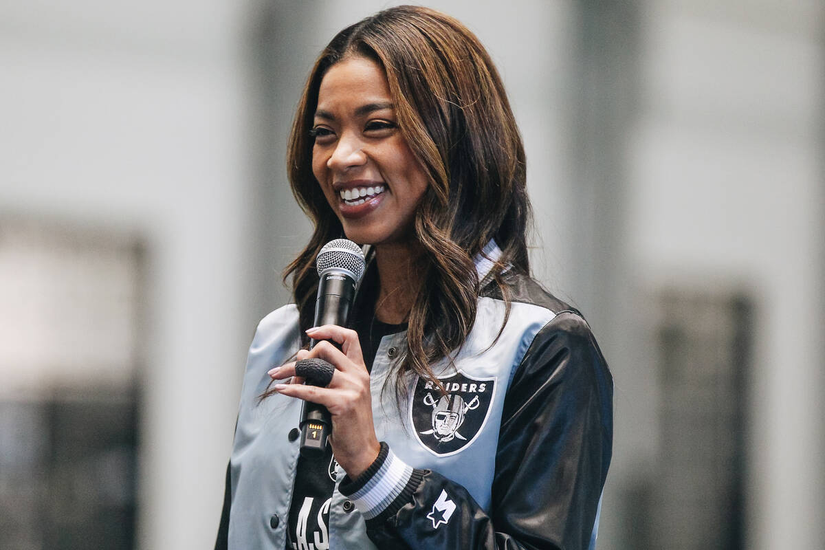 Las Vegas Raiders’ President Sandra Douglass Morgan speaks at a Juneteenth celebration h ...