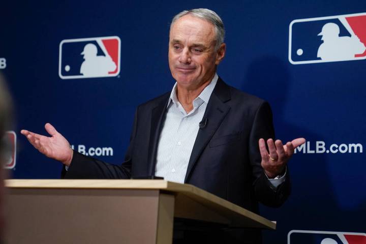 Major League Baseball Commissioner Rob Manfred speaks to members of the media following an owne ...