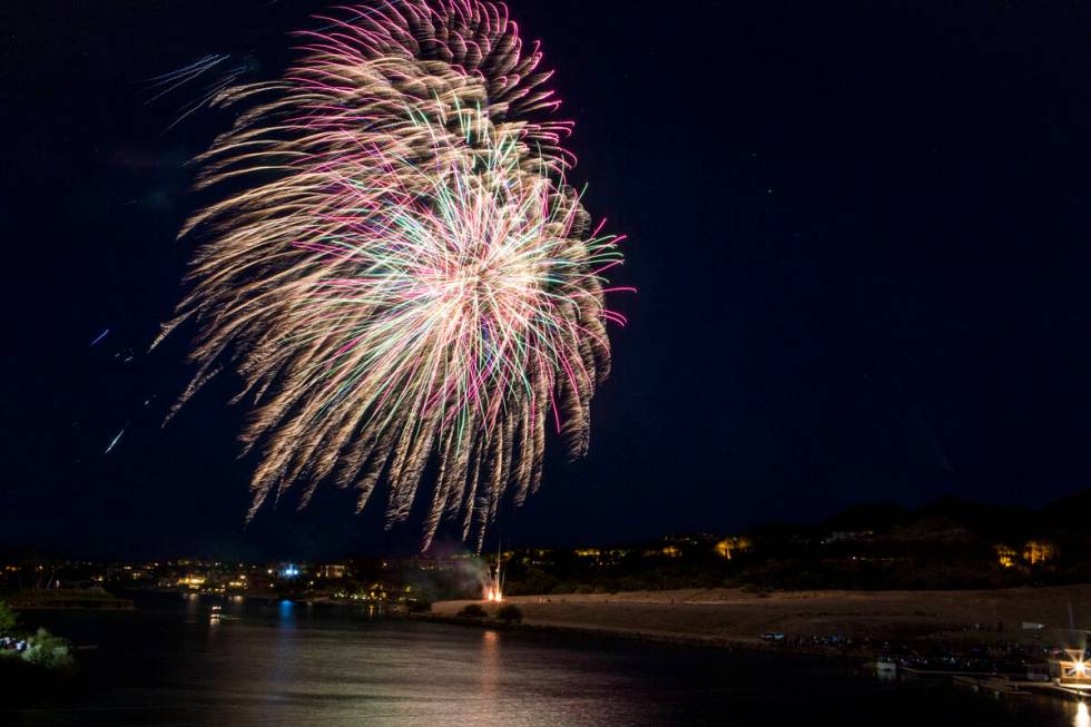 A fireworks display during Fourth of July weekend celebrations at Lake Las Vegas on Sunday, Jul ...