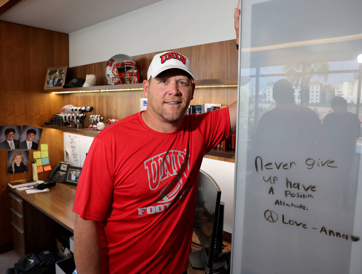 UNLV football coach Barry Odom poses for a portrait at his office in the Fertitta Football Comp ...
