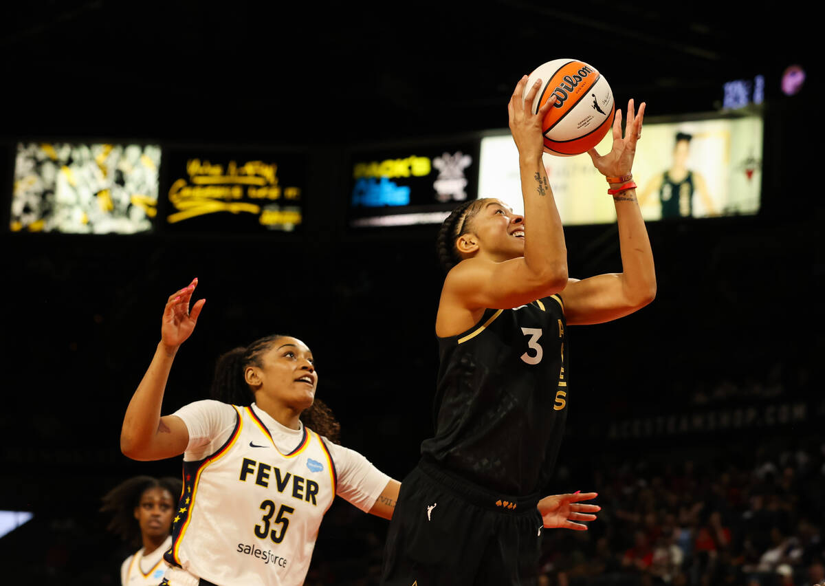 Las Vegas Aces forward Candace Parker (3) takes a shot during a game against the Indiana Fever ...