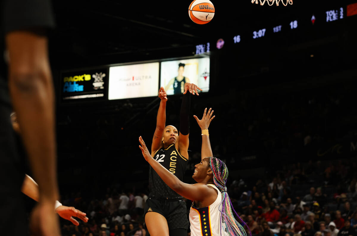 Las Vegas Aces center A'ja Wilson (22) takes a shot during a game against the Indiana Fever on ...