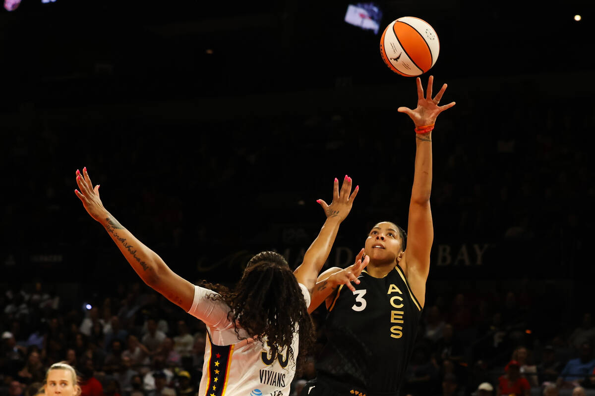 Las Vegas Aces forward Candace Parker (3) takes a shot during a game against the Indiana Fever ...