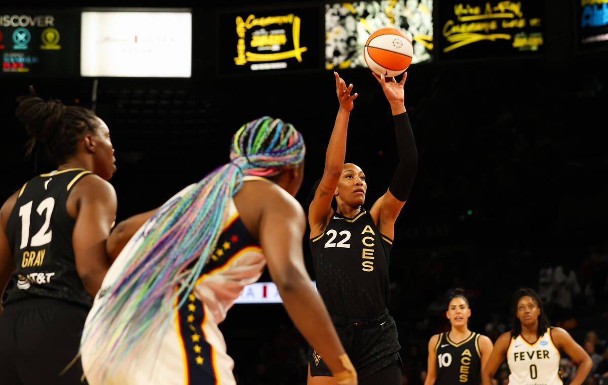 Las Vegas Aces center A'ja Wilson (22) takes a shot during a game against the Indiana Fever on ...