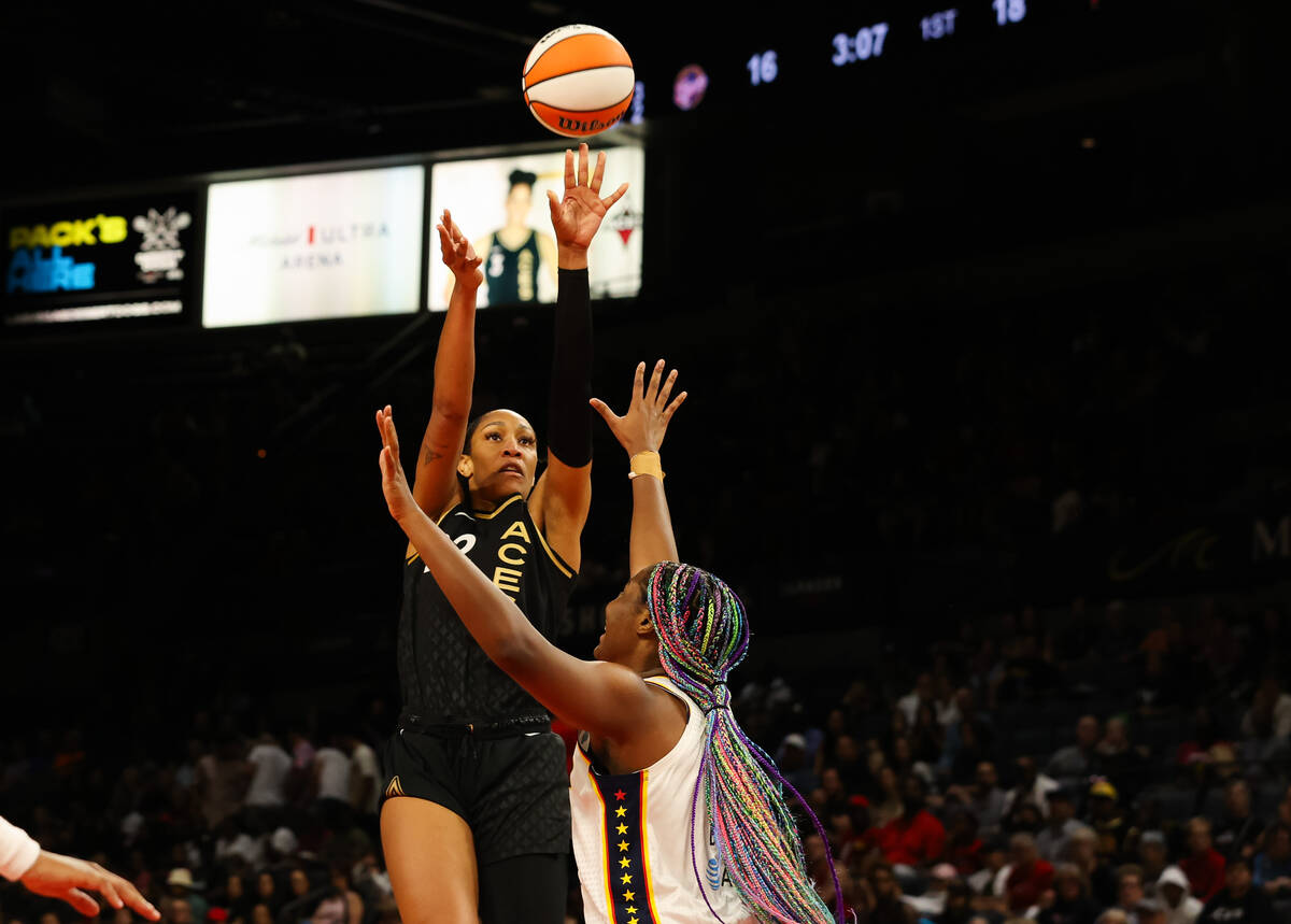 Las Vegas Aces center A'ja Wilson (22) takes a shot during a game against the Indiana Fever on ...