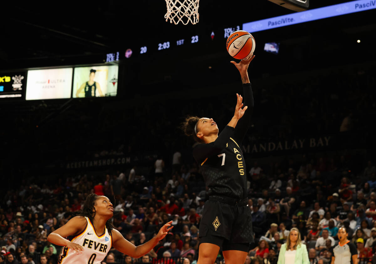 Las Vegas Aces forward Alysha Clark (7) takes a shot during a game against the Indiana Fever on ...