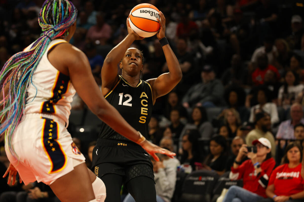Las Vegas Aces guard Chelsea Gray (12) takes a shot during a game against the Indiana Fever on ...