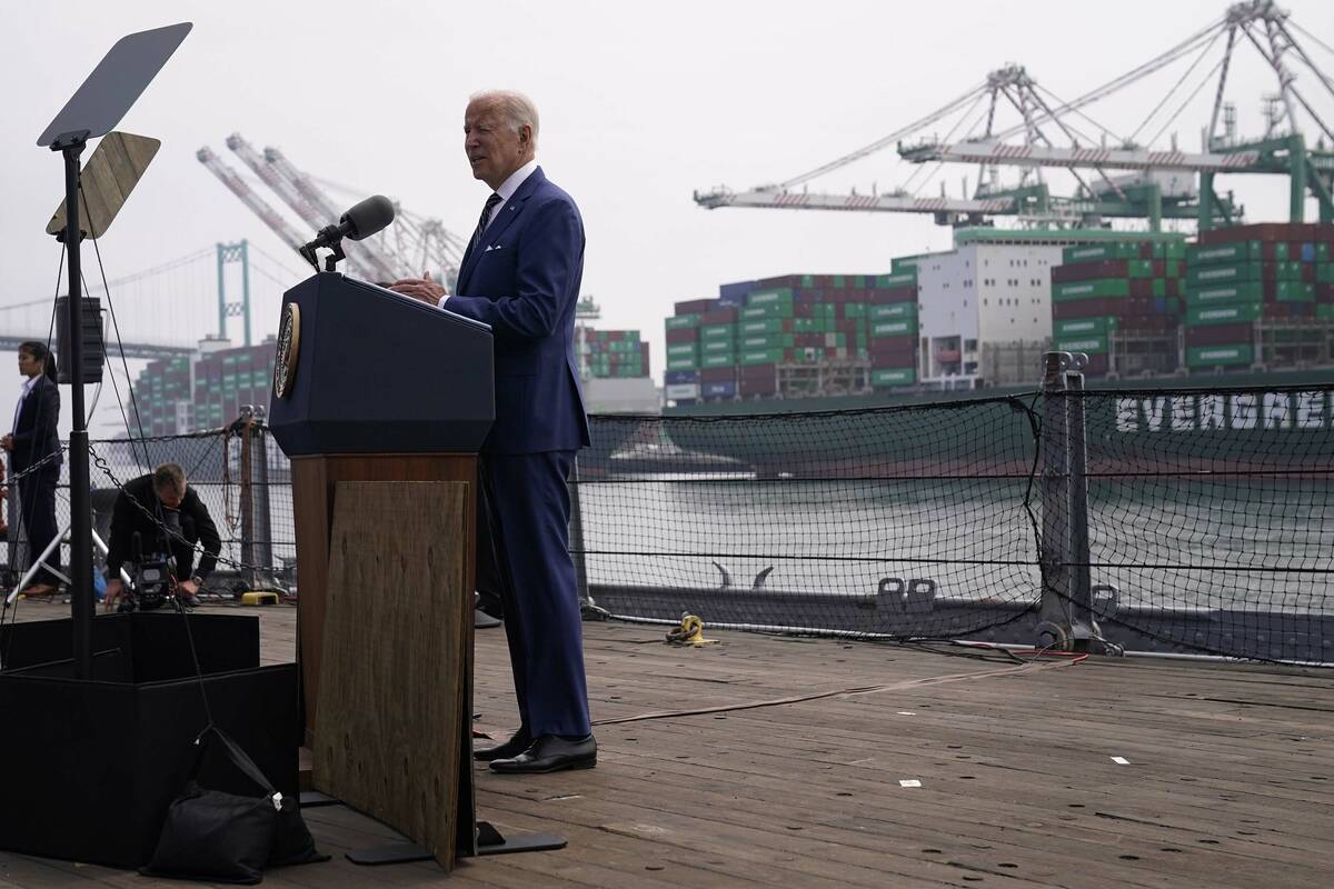 FILE - President Joe Biden speaks about inflation and supply chain issues at the Port of Los An ...
