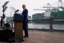 FILE - President Joe Biden speaks about inflation and supply chain issues at the Port of Los An ...