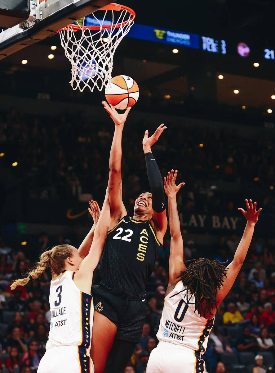 Las Vegas Aces center A’ja Wilson (22) goes up for a basket in a game against the Indian ...