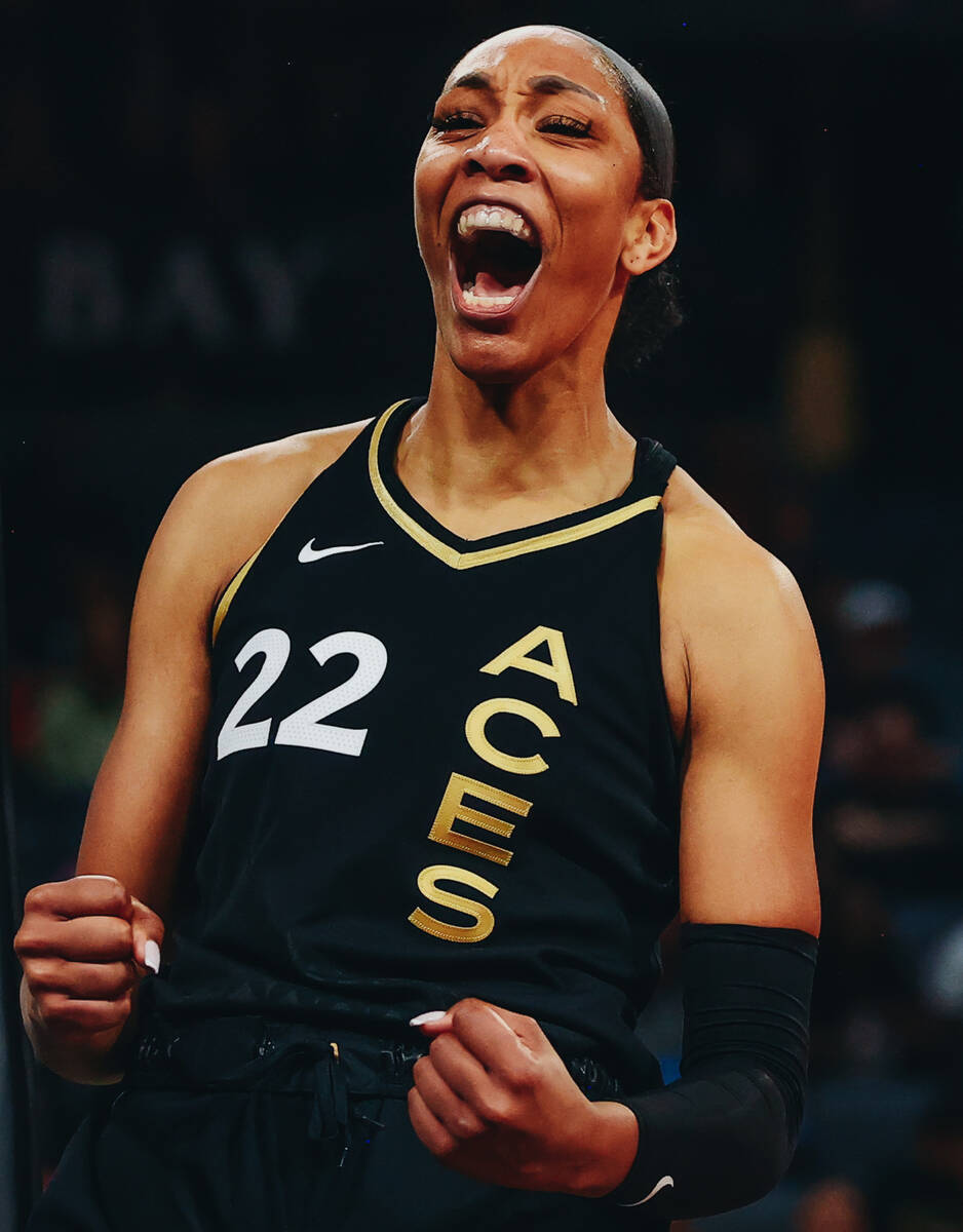 Las Vegas Aces center A’ja Wilson celebrates scoring a basket in a game against the Indi ...