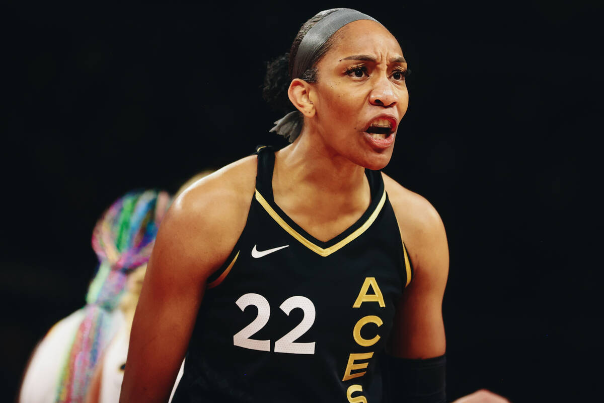 Las Vegas Aces center A’ja Wilson (22) yells at a referee for a call made against the Ac ...
