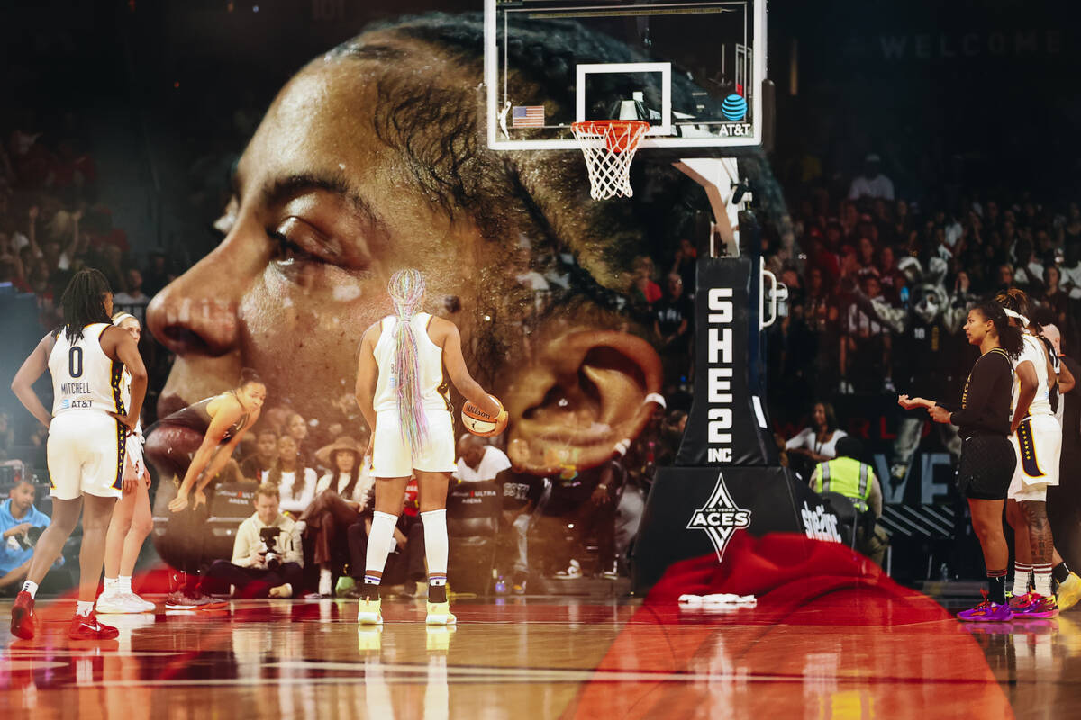 In a double exposure photo, Las Vegas Aces forward/center Candace Parker looks on as Indiana Fe ...