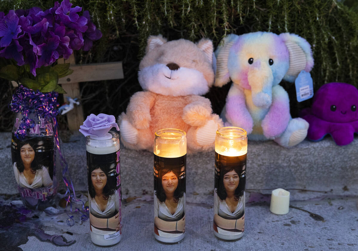 A roadside memorial for Jasmine Portillo, 17, is seen during a candlelight vigil, on Monday, Ju ...