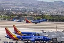 A Southwest Airlines jet takes off from Harry Reid International Airport on Friday, April 21, 2 ...