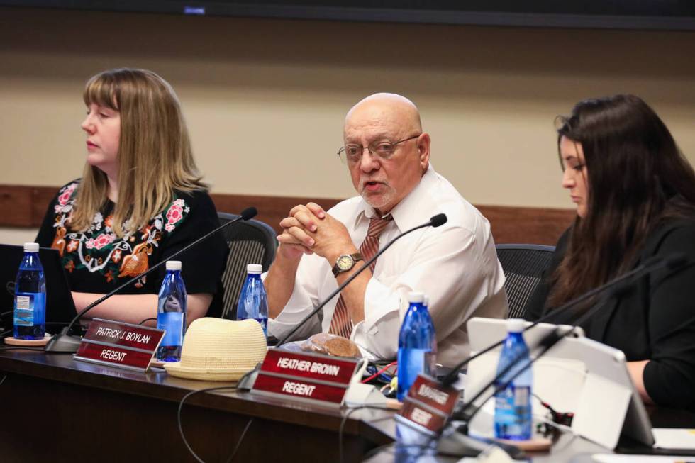 Regent Patrick J. Boylan speaks against the motion to elect Lawrence Drake II to be the Nevada ...