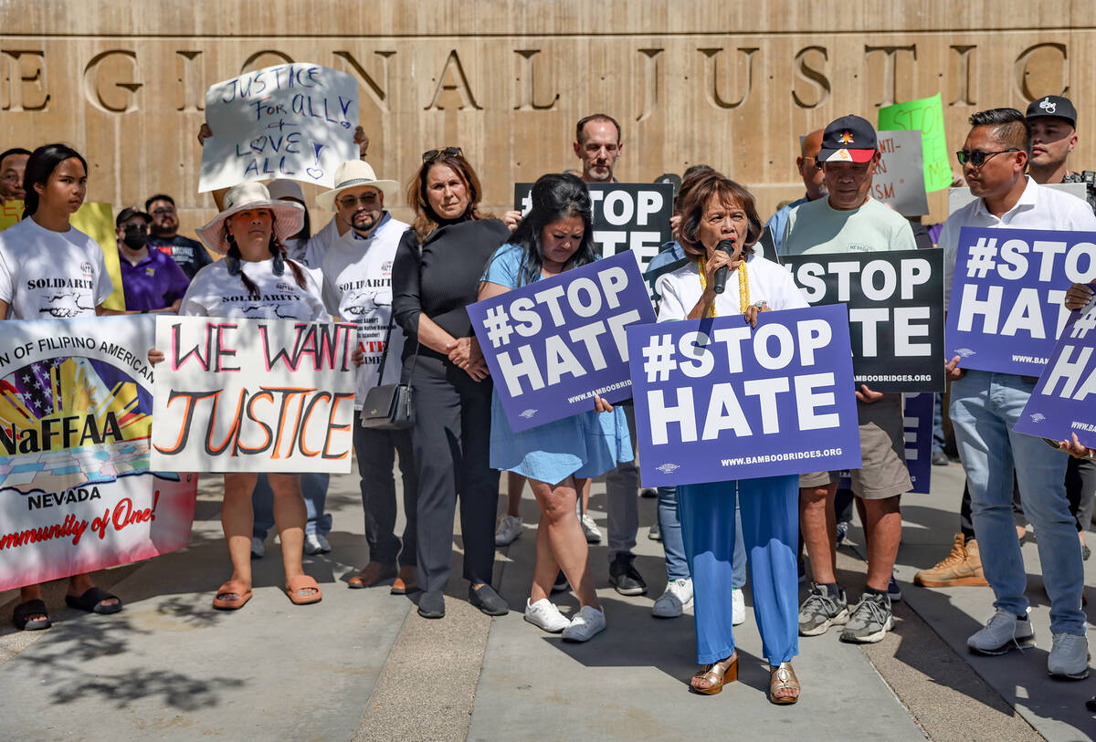 Rozita Lee addresses the crowd at a “Stop Asian Hate” rally outside the Regional Justice Ce ...