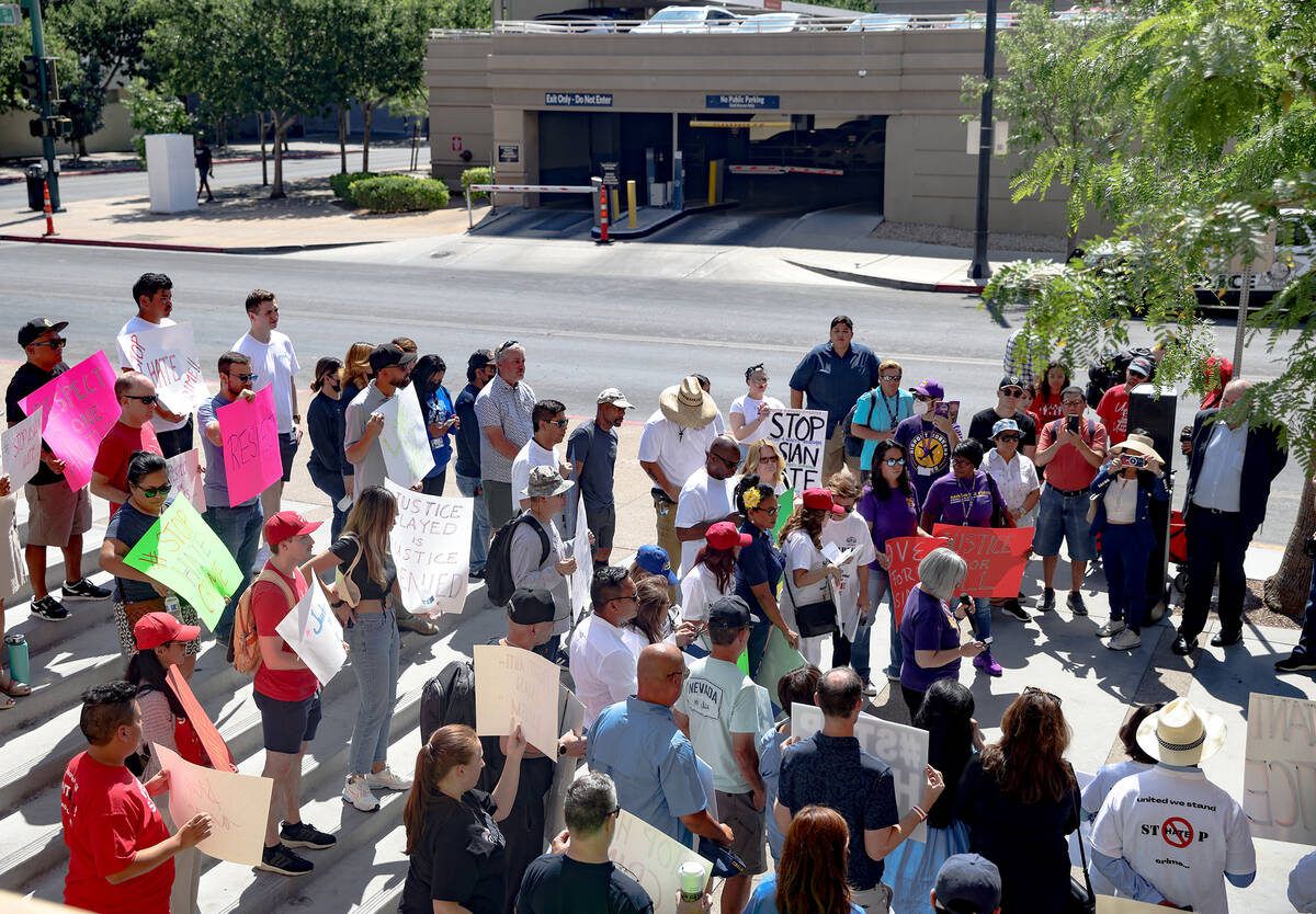 The crowd at a “Stop Asian Hate” rally outside the Regional Justice Center in Las Vegas on ...
