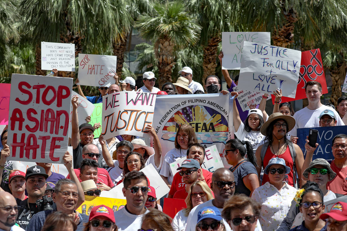 The crowd at a “Stop Asian Hate” rally outside the Regional Justice Center in Las Vegas on ...