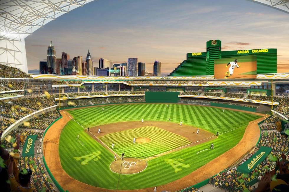 An artist rendering of what the Oakland Athletics Las Vegas ballpark could look like. The $1.5 ...