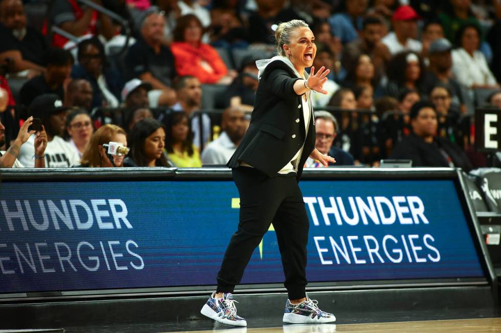 Las Vegas Aces head coach Becky Hammon shouts from the sidelines during the first half of a WNB ...