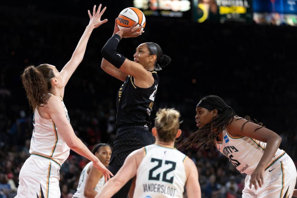 Las Vegas Aces forward A'ja Wilson (22) shoots against New York Liberty forward Breanna Stewart ...