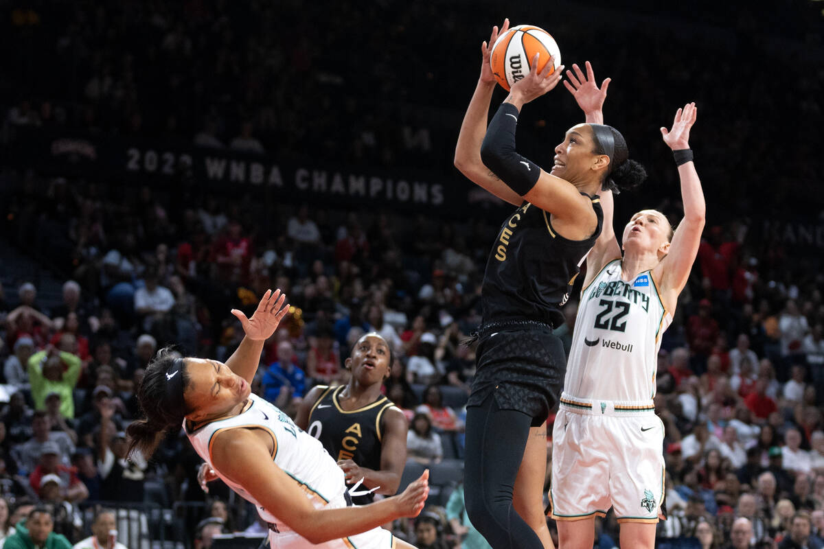 Las Vegas Aces forward A'ja Wilson (22) shoots against New York Liberty guard Courtney Vandersl ...