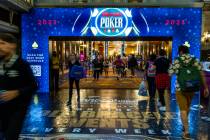Poker players enter and leave the WSOP in the Paris on Friday, June 23, 2023, in Las Vegas. (L. ...