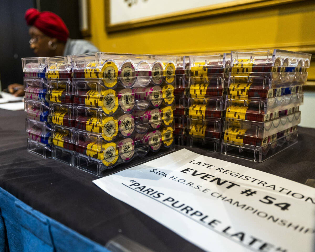 Chips are stacked and ready for poker players to check in during the WSOP in the Paris on Frida ...