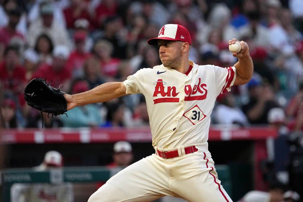 Los Angeles Angels starting pitcher Tyler Anderson throws to the plate during the third inning ...