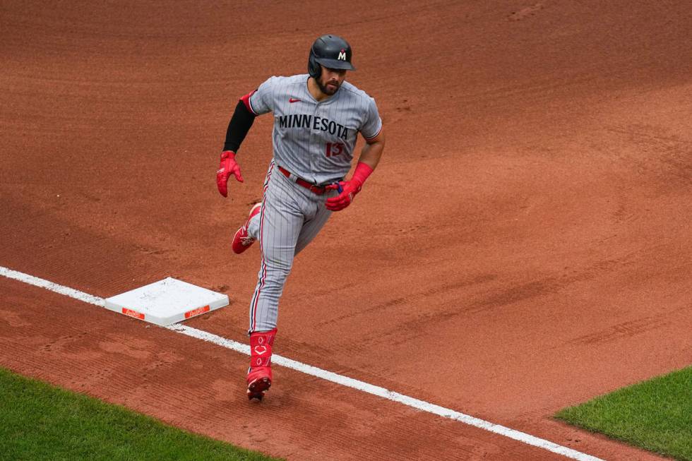 Minnesota Twins' Joey Gallo runs the bases after hitting a solo home run off Baltimore Orioles ...