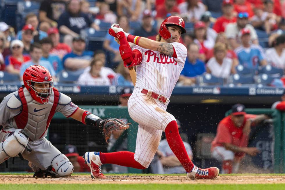 Philadelphia Phillies' Bryson Stott (5) in action during a baseball game against the Washington ...