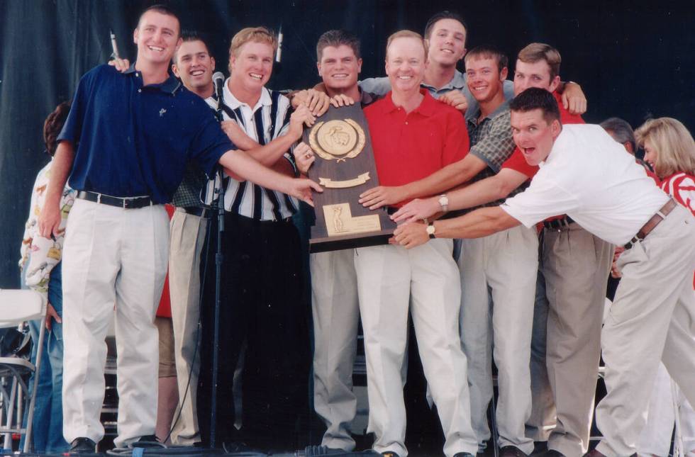 Members of the 1998 NCAA championship men's golf team at a ceremony at the Fremont Street Exper ...