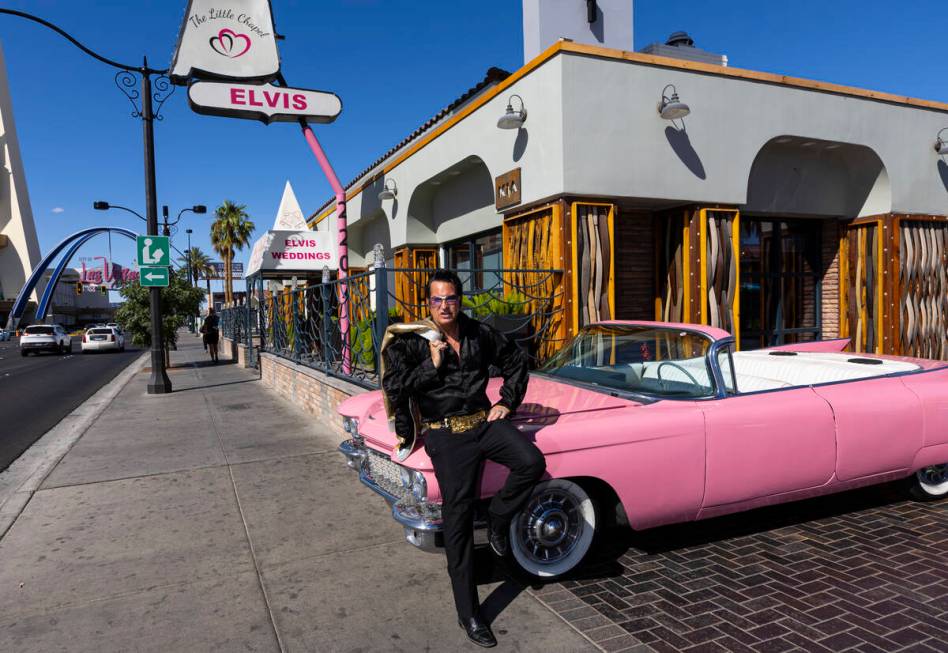 Elvis tribute artist Jesse Garon poses with his 1960 Cadillac. (Chase Stevens/Las Vegas Review- ...