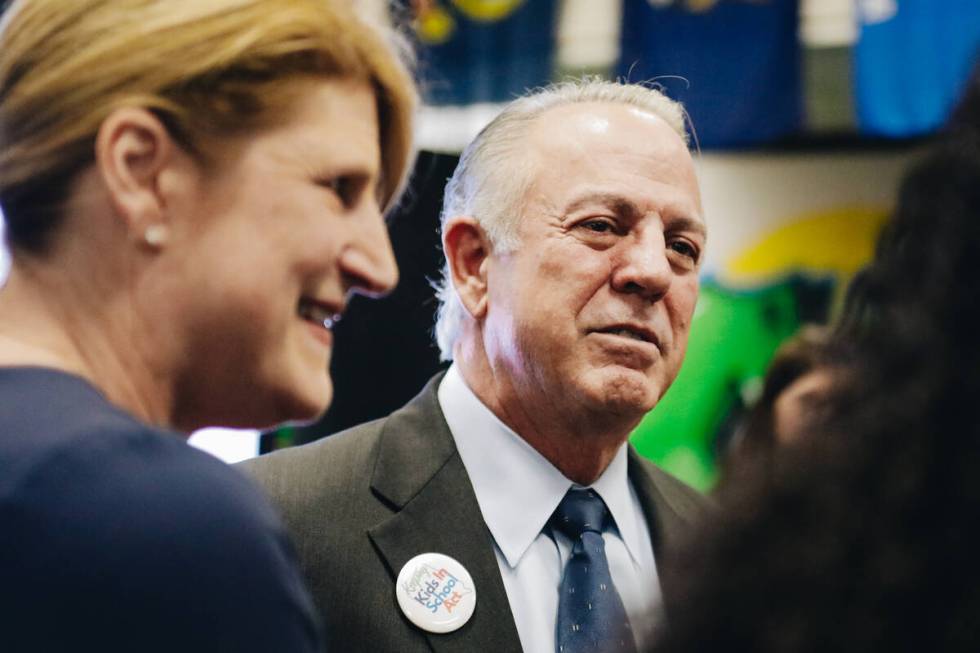 Nevada Gov. Joe Lombardo speaks to members of the public before signing the Keeping Kids in Sch ...