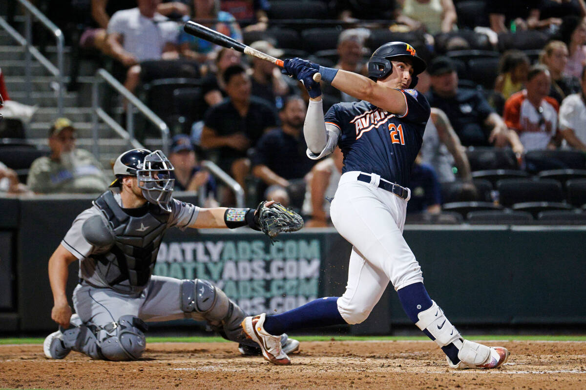 Aviators catcher Tyler Soderstrom (21) swings against Round Rock Express during the fourth inni ...